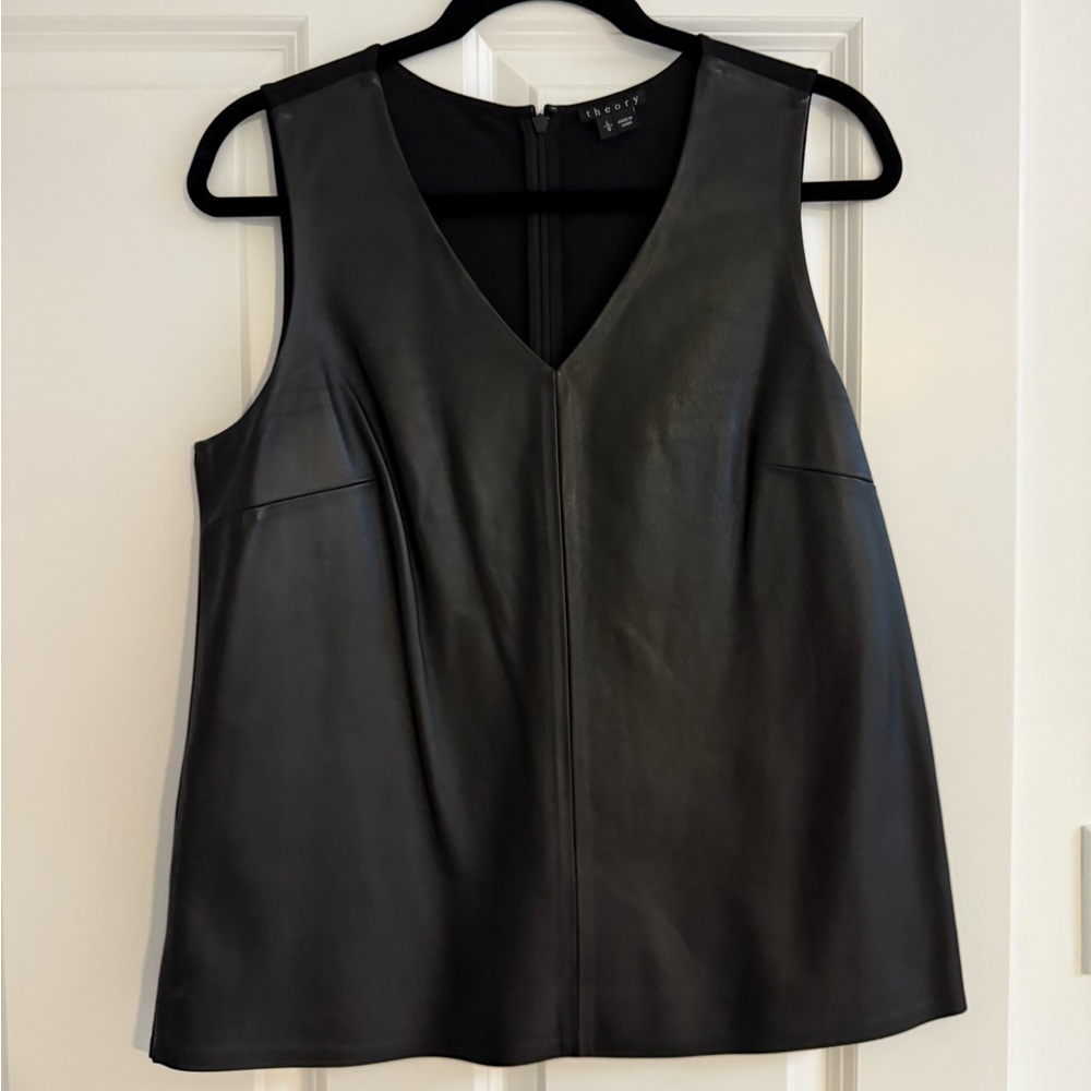 Theory Black V Neck Lambs Leather Stretch Knit Back Tank Size Large